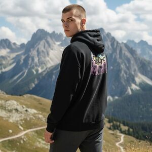 BirdHive Chaotic Awkward Hoodie Men's Sz XL Black Graphics Lightweight Full Zip